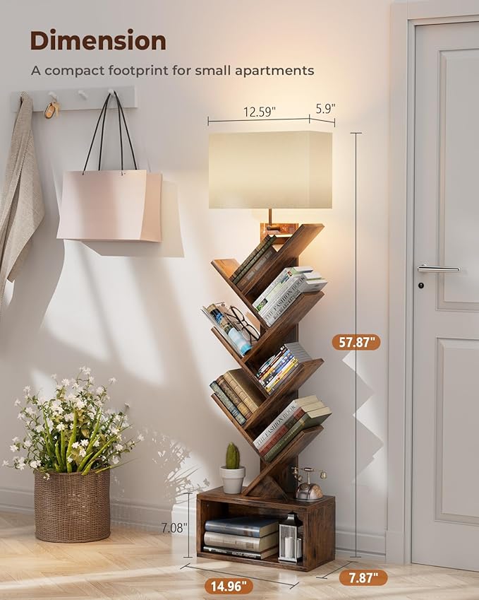 6 Tier Tree Bookshelf with Light, Narrow Bookcase Tower, Tall Floor Standing - Image 2