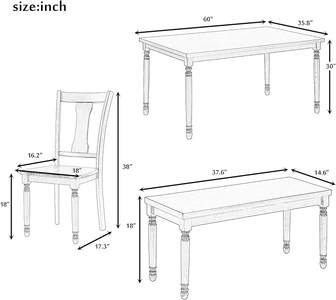6 Pieces Dining Table Set with 60" Rectangle Kitchen Desk, Living Room - Image 2