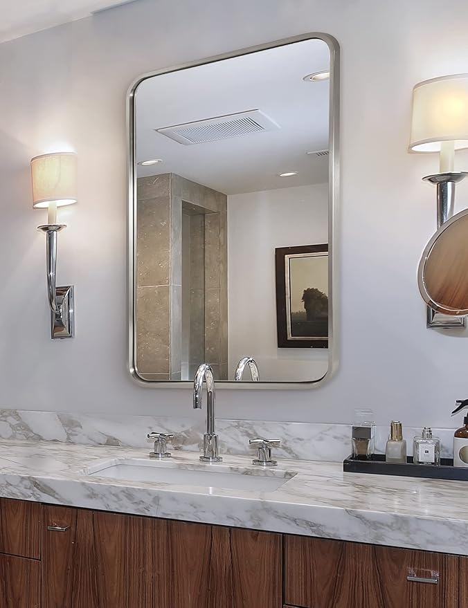 ANDY STAR 24x32 INCH Brushed Nickel Mirror, Rounded Rectangle Silver Metal - Image 8