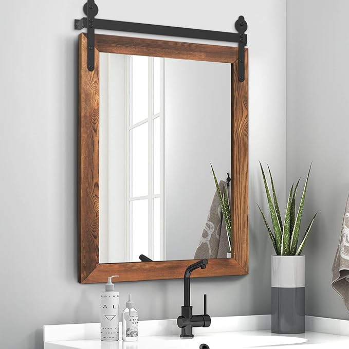 YOSHOOT Farmhouse Barn Door Mirror, Wall Mounted Vintage Mirror, Wooden - Image 4