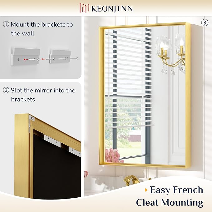 Keonjinn Gold 60 x 36 Inch Brushed Gold Metal Framed Rectangular Wall Mirror - Image 4