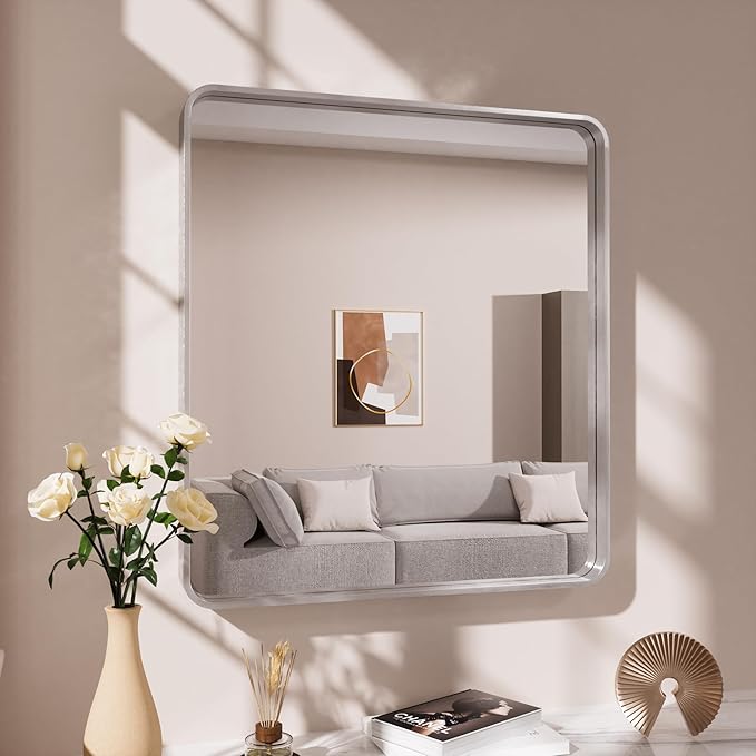 Brushed Nickel Bathroom Mirror 38x38 Inch, Brushed Silver Metal Frame Mirror - Image 8