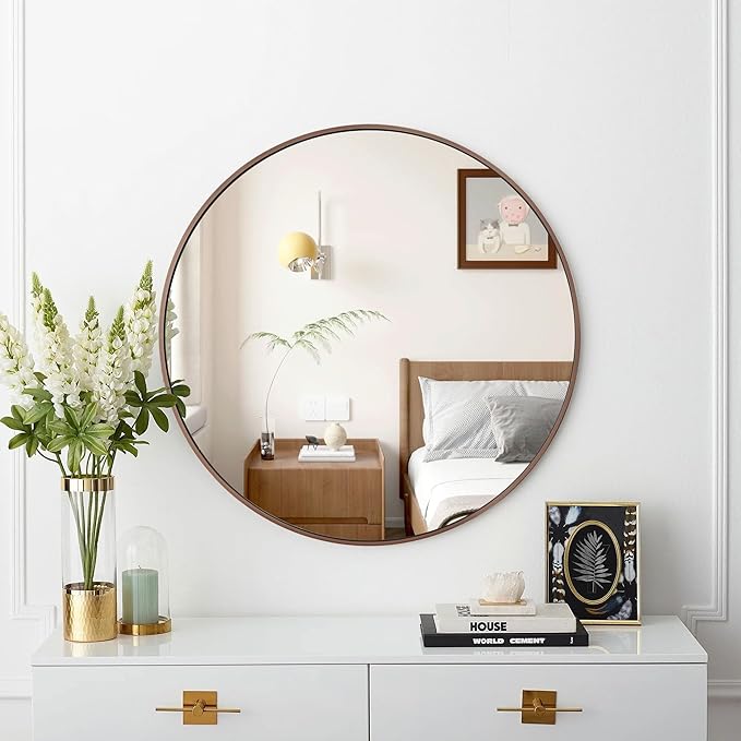 36 inch Circle Wall Mirror, Brushed Bronze Metal Framed Round Mirror - Image 2