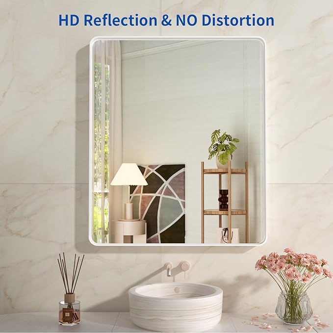 WEER White Bathroom Mirror 36X30 Inch, Rounded Rectangle White Metal Frame - Image 2