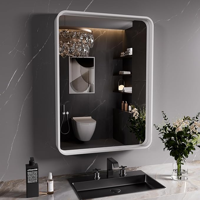 White Bathroom Mirror 22x30 Inch, Rounded Rectangle Matte Bathroom Vanity Mirror by JISOSO