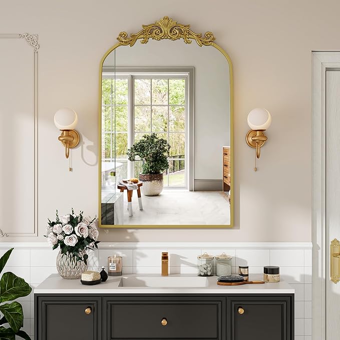 Vintage Arched Wall Mirror, 26x38 inch Retro Arch Bathroom Mirror, Carve - Image 9