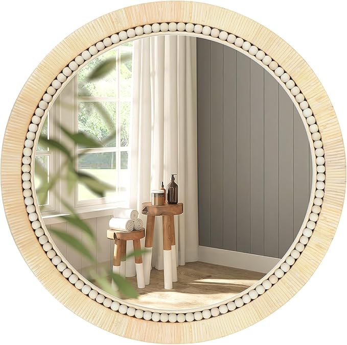 ULIKE Round Rattan Mirror, Bathroom 24 Inch Rustic Farmhouse Wall Decor by ULIKE