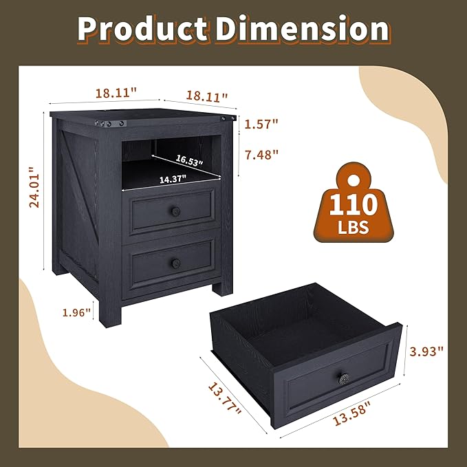 Vipbear Nightstand Set of 2, 18” Wide Farmhouse Night Stand - Image 3
