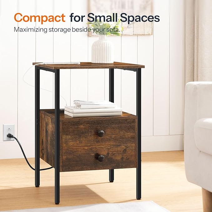 HOOBRO End Table with Charging Station, Bedside Table with 2 Drawer & USB Port - Image 6