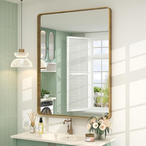 26x36 Gold Framed Mirror for Bathroom, Brushed Gold Mirror by CHARMOR