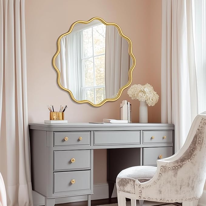 PROHOMEWARE Gold Round Mirror 30 Inch Wavy Bathroom Vanity Mirror Gold Frame - Image 7
