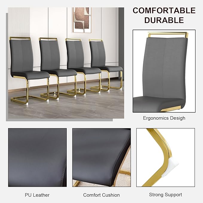 Modern Dining Chairs Set of 4, High Back Grey Kitchen Chairs, Faux Leather Side - Image 6