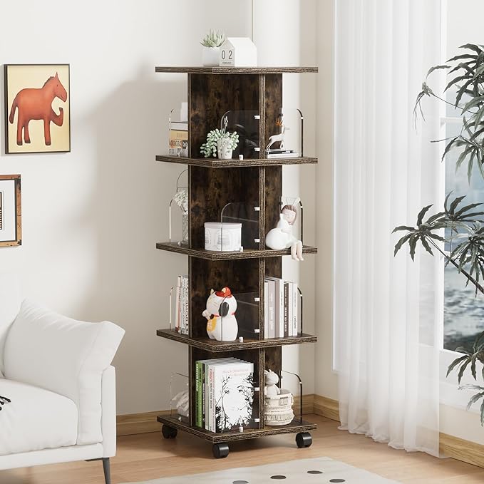 VECELO Rotating Bookshelf with Brake Wheels, 360°Display 4 Tier Floor Stackable - Image 8