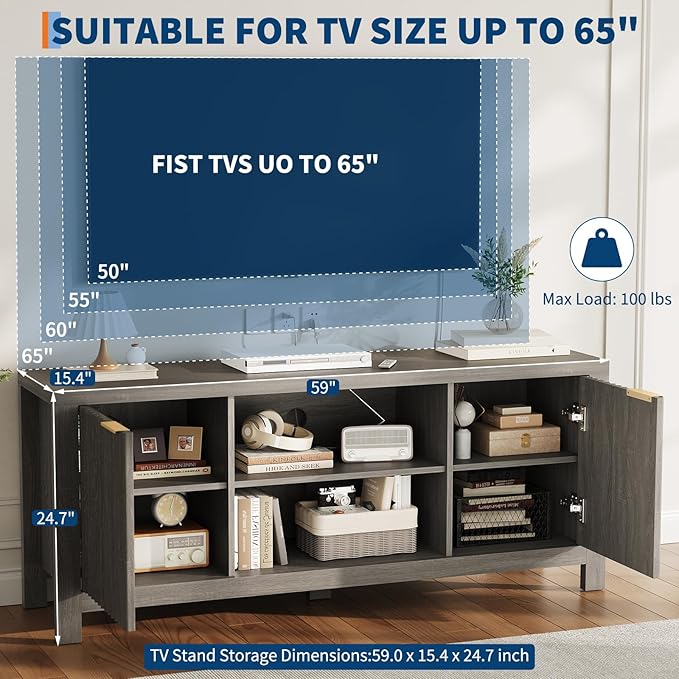 59" TV Stand for TVs Up to 65 Inches, Mid Century Modern TV Entertainment Center - Image 2