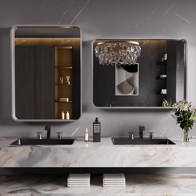 Brushed Nickel Bathroom Mirror 40x32 Inch, Brushed Silver Metal Frame Mirror - Image 9