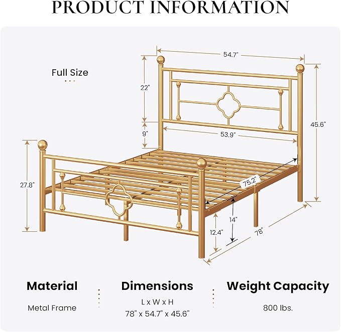 SHA CERLIN 14 Inches Full Size Metal Platform Bed Frame/Vintage Iron-Art - Image 2