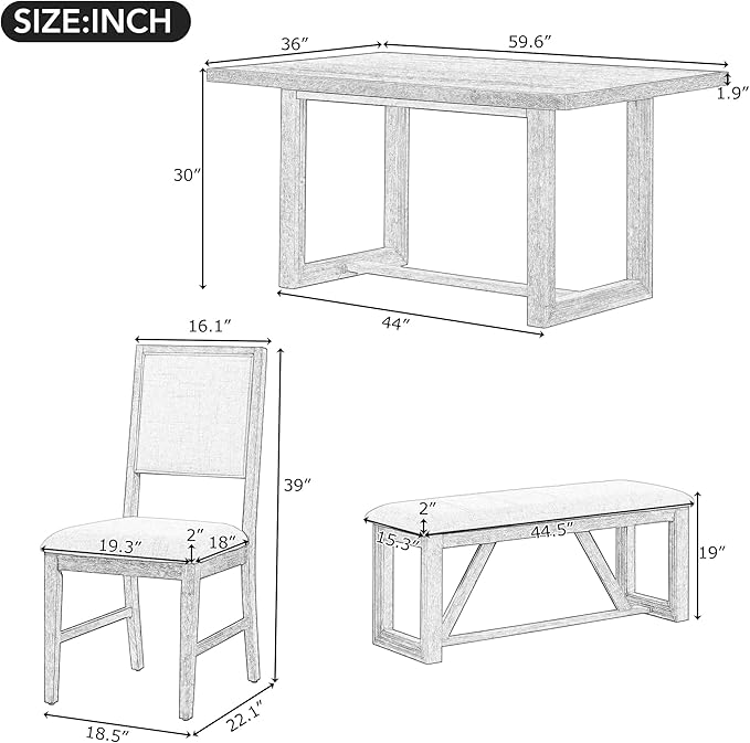 Merax Farmhouse Wood 6-Piece Dining Set, 59.6 inch Rectangular Table, 4 - Image 7