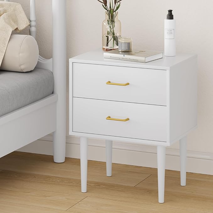 26 H White Nightstand with 2 Drawers, Small Night Stand with Gold Handles - Image 6