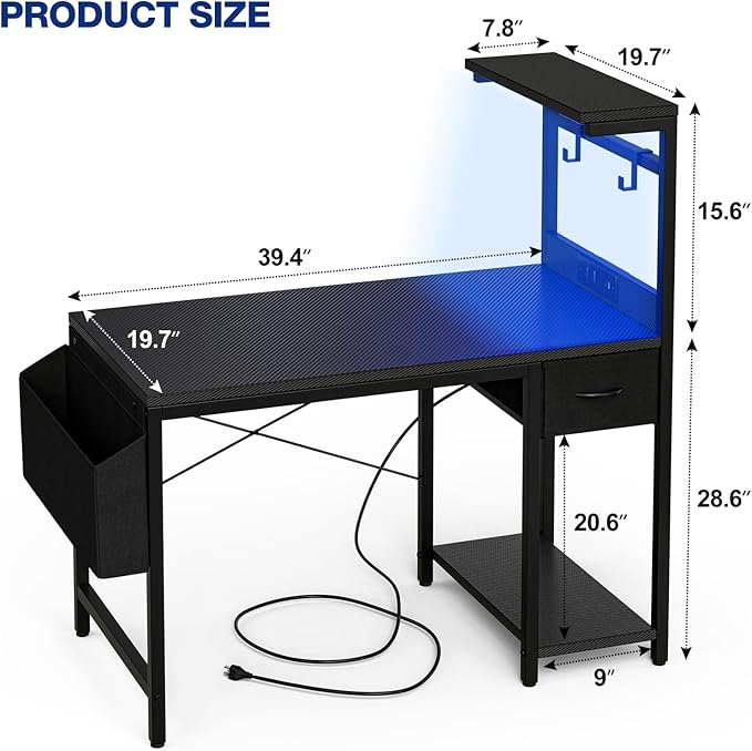 Gaming Desk 40 Inch with Power Outlet and LED Light, Computer Desk with - Image 3