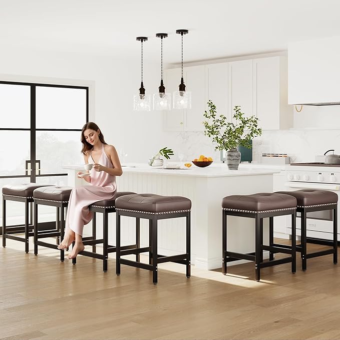MALOL Set of 3 Saddle Bar Stools Counter Height 24.4”, Modern PU Leather - Image 9