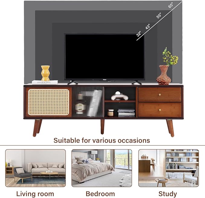 Tiita Rattan TV Stand for 55 65 Inch TV, Bamboo TV Cabinet - Image 5