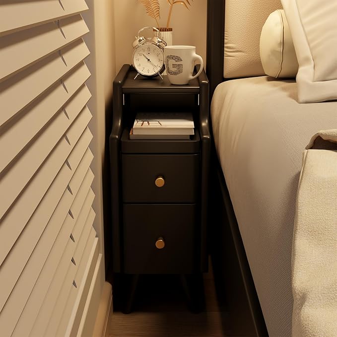 Small Nightstand with Drawers, Solid Wood Bedside Table, Narrow BlackNightstand - Image 6