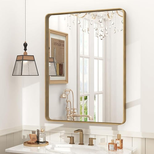 24x32 Gold Bathroom Mirror, Rounded Rectangle Gold Frame Mirror, Brushed Gold by CHARMOR