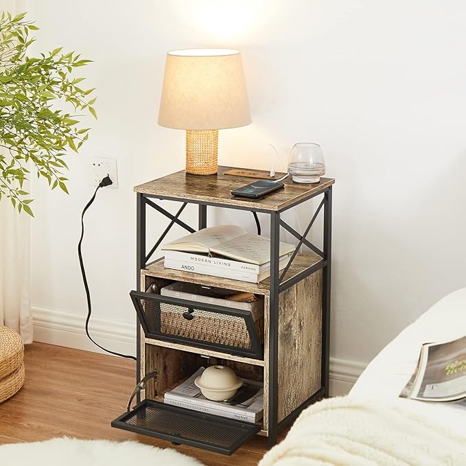 VECELO Grey End Table with USB Ports and Outlets, 24 Inch Nightstands with - Image 6