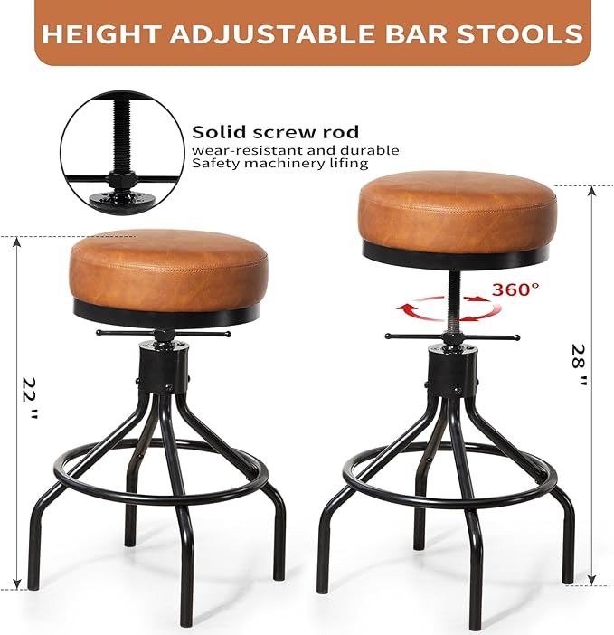 Industrial Bar Stools Set of 3 Adjustable Swivel Barstools Modern PU Leather - Image 5