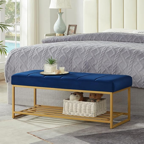 24KF Navy Velvet Upholstered End of Bed Bench by WEMARTHOMEDECOR