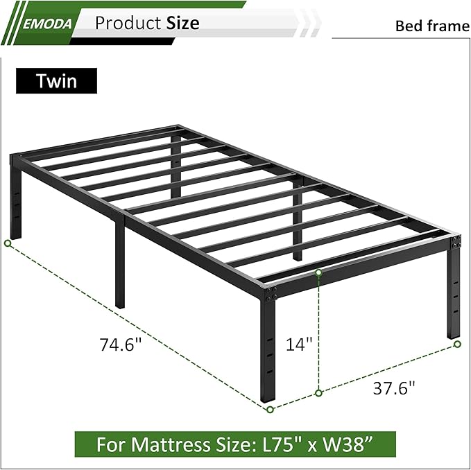 EMODA 14 Inch Twin Bed Frames No Box Spring Needed, Heavy Duty Metal Twin - Image 3