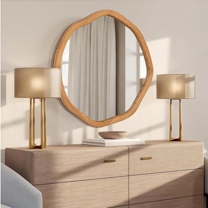 ULIKE Round Wood Mirror 24 Inch Circle Wall Mirror, Asymmetrical Bathroom - Image 2