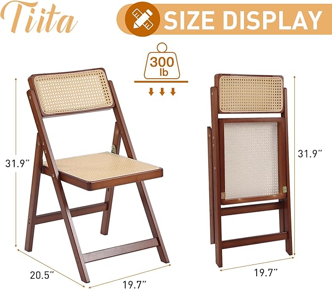 Tiita Rattan Dining Chairs Set of 2, Mid Century Modern Folding Chair, Bamboo - Image 3