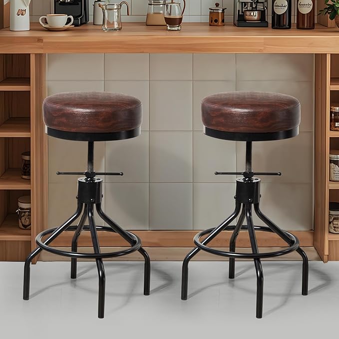 Industrial Barstools Set of 2 Adjustable Swivel Round Bar Stools Modern PU - Image 7