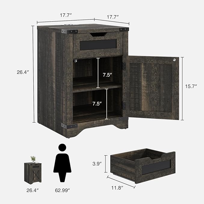 Farmhouse End Table with Charging Station, 26.4" Tall Rustic Nightstand with - Image 2