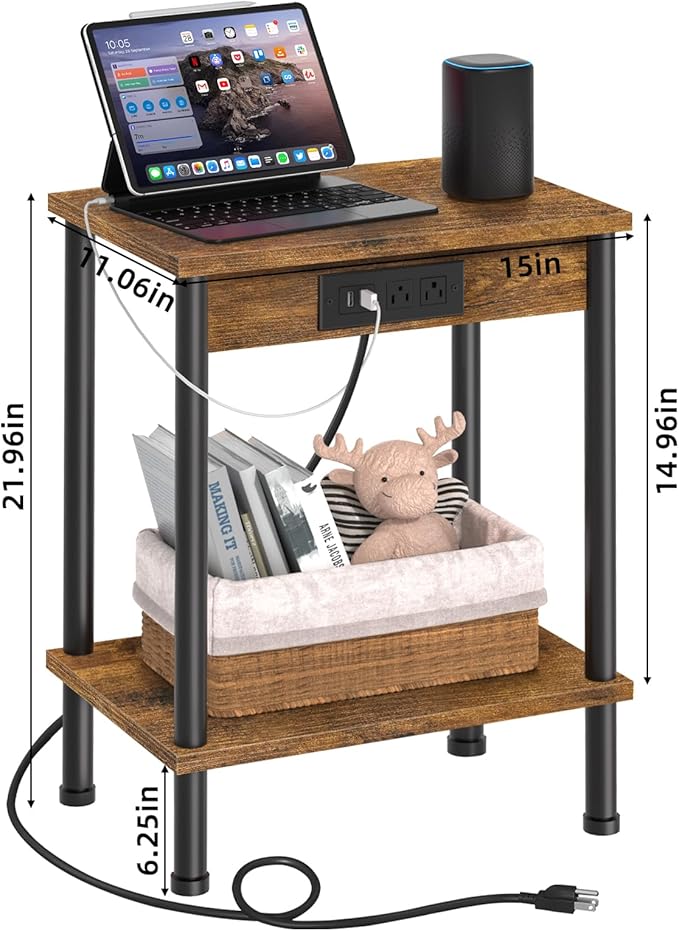 End Table with Charging Station, Small Side Table, 2-Tier Nightstand with - Image 3