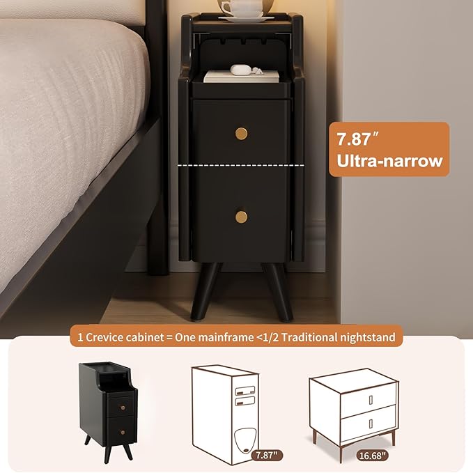 Narrow Nightstand with Drawers, Wood Bedside Table, Small Black Nightstand Set - Image 4