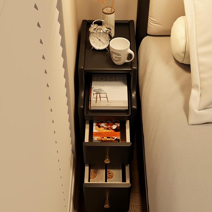 Narrow Nightstand with Drawers, Wood Bedside Table, Small Black Nightstand Set - Image 7