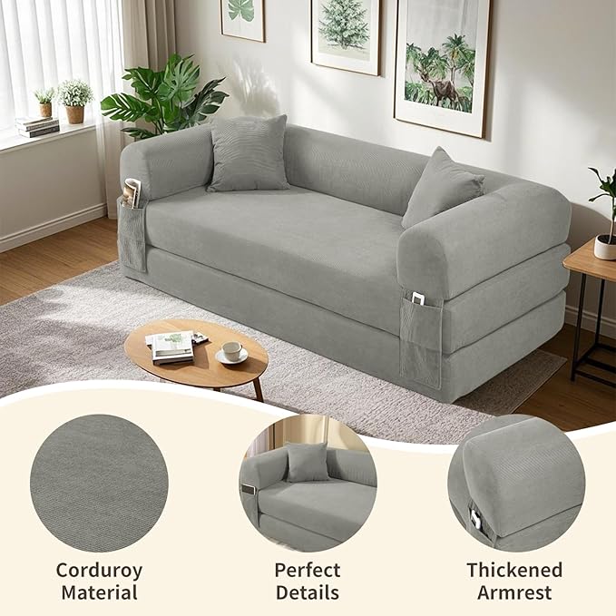 80" Convertible Sofa Bed, 3-in-1 Corduroy Folding Pull Out Couch - Image 4