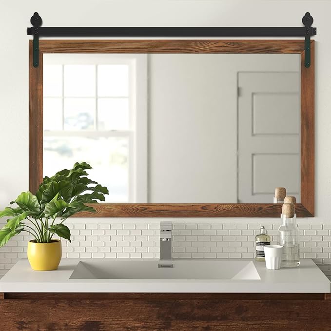 YOSHOOT Farmhouse Barn Door Mirror, Wall Mounted Vintage Mirror, Wooden by YOSHOOT
