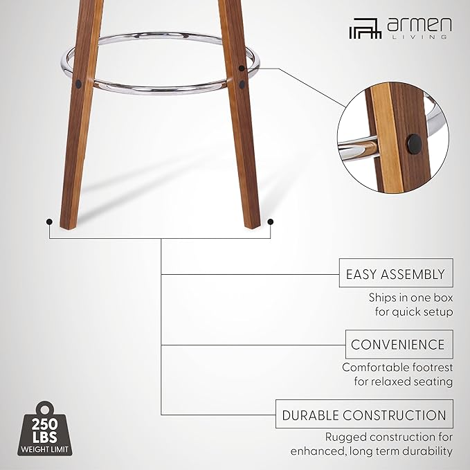 Armen Living Shelly 30" Bar Height Swivel Cream Faux Leather and Walnut Wood - Image 5