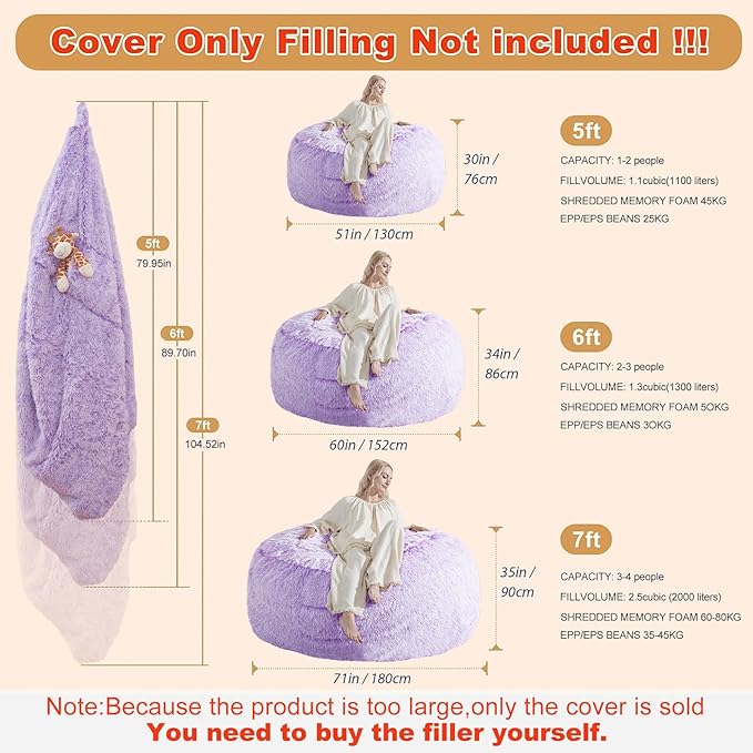 5FT Bean Bag Cover for Stuffed Animals Machine Washable, Gaming Bean Bag Chairs - Image 2