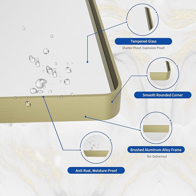 WEER Gold Bathroom Mirror, 36X36 Inch Brushed Metal Frame, Rounded Rectangle - Image 3