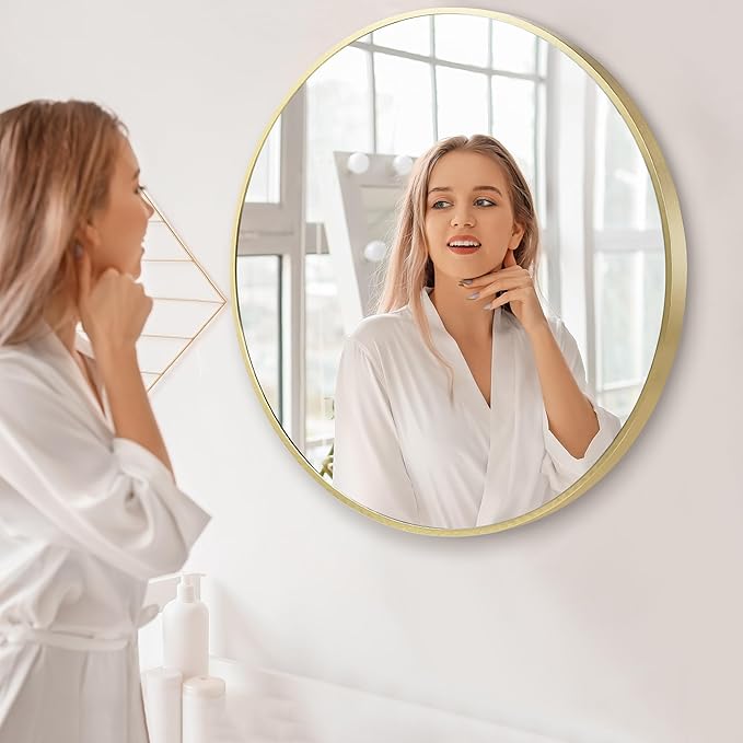 28 inch Gold Frame Mirror for Wall, Brushed Matte Gold Metal Round Mirror for - Image 7