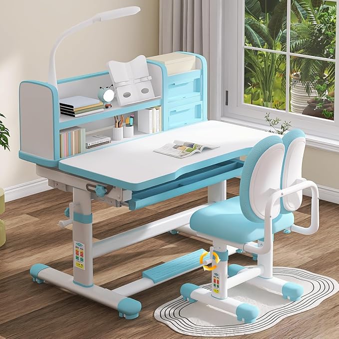 Kids Desk and Chair Set 3-18 Years Ergonomic Height Adjustable Children School - Image 2