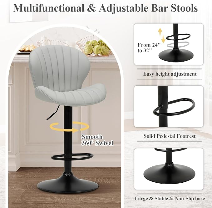 COLAMY Bar Stools Set of 4, Modern Swivel Bar Chairs, Adjustable Faux Leather - Image 4