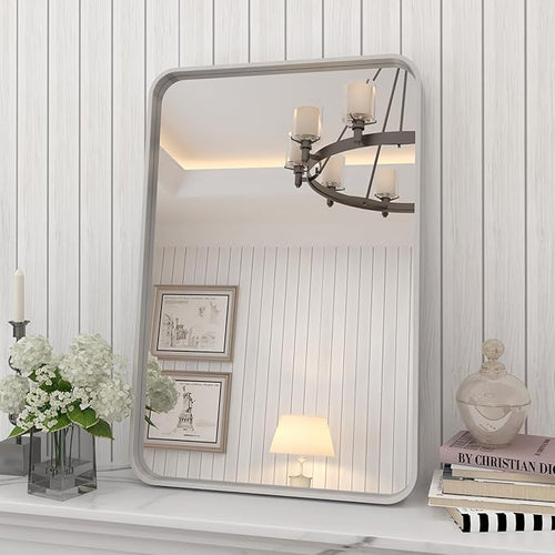 16x24 Inch Brushed Nickel Bathroom Mirror, Rounded Rectangle Silver Metal Frame by CHARMOR