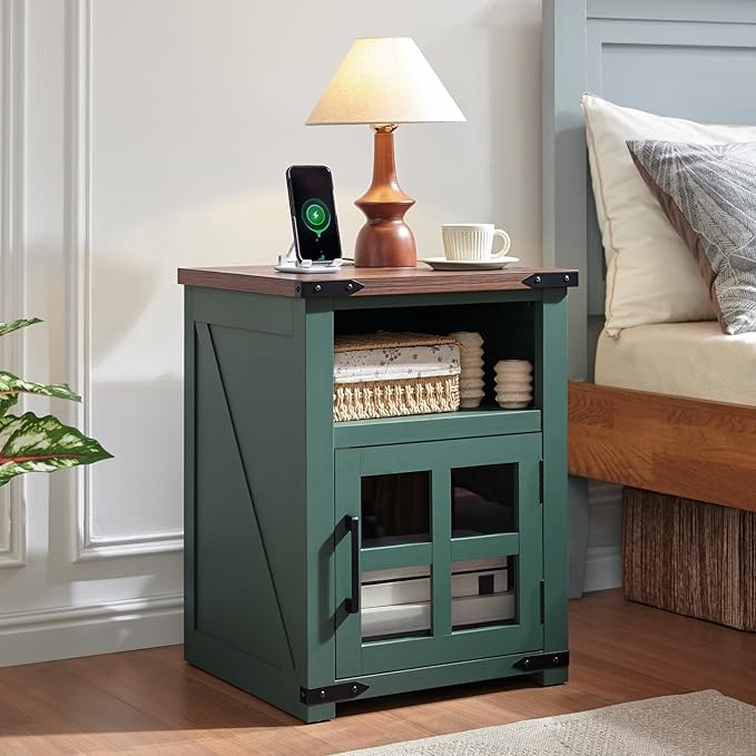 Farmhouse Nightstand with Charging Station, Rustic End Table with Tempered by Barnyatoh