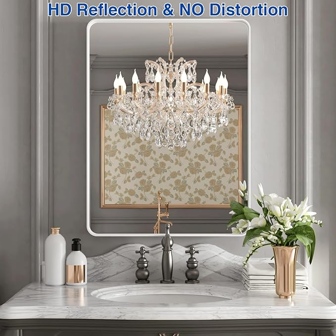 WEER White Bathroom Mirror 24X32 Inch, Rounded Rectangle White Metal Frame - Image 2