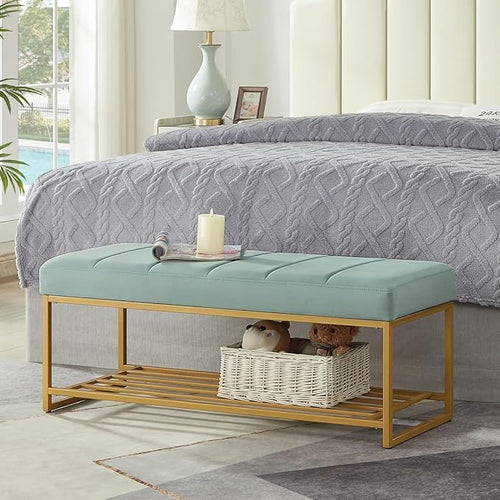 24KF Seaglass Velvet Upholstered End of Bed Bench by WEMARTHOMEDECOR